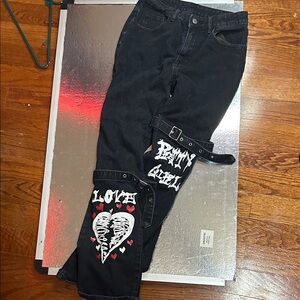 SHEIN Black Wide Leg Pants with White and Red Graphics